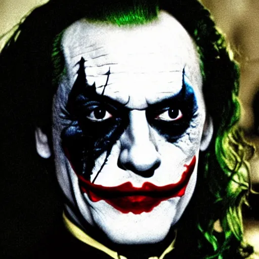 Prompt: Salvador Dali as the joker in dark knight , very realistic! looks at the camera, backlight cinematic dull colors medium close shot from the batman dark knight
