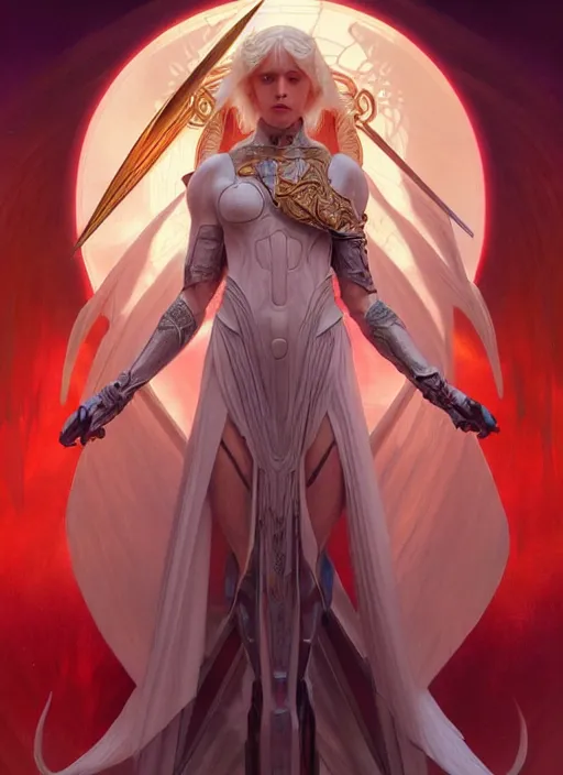 Prompt: the pale blond angel of battle apollo smirking, sci fi, glowing eyes, volumetric lights, red and cyan theme, art nouveau botanicals, intricate, highly detailed, digital painting, artstation, concept art, smooth, sharp focus, cinematic, illustration, beautiful face, art by artgerm and greg rutkowski and alphonse mucha