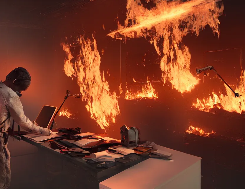 Image similar to a man works at a workstation in a very hot office with burning fires, local close up, featured in artstation, octane render, intricate, ultra detailed, fantasy, concept art, sharp focus, illustration, 8 k