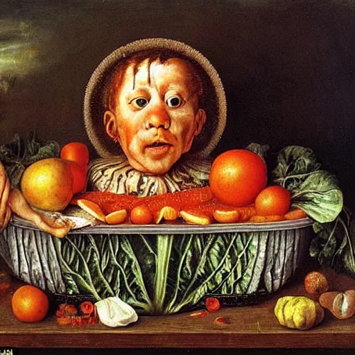 Prompt: a boy sitting in a tub full of tomato sauce, a lot of cabbage, by giuseppe arcimboldo and ambrosius benson, renaissance, portrait, fruit, intricate and intense oil paint, realistic