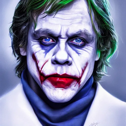 Prompt: mark hamill as the joker as luke skywalker, oil painting, artgerm, artstation, highly detailed, portrait