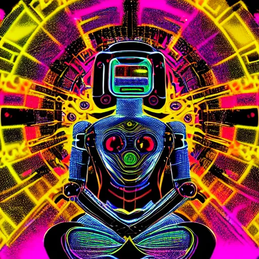 Prompt: photo of a black tshirt with a hyperdetailed portrait of a futuristic trippy atompunk meditating robot, 8 k, symetrical, flourescent colors, halluzinogenic, multicolored tshirt art,