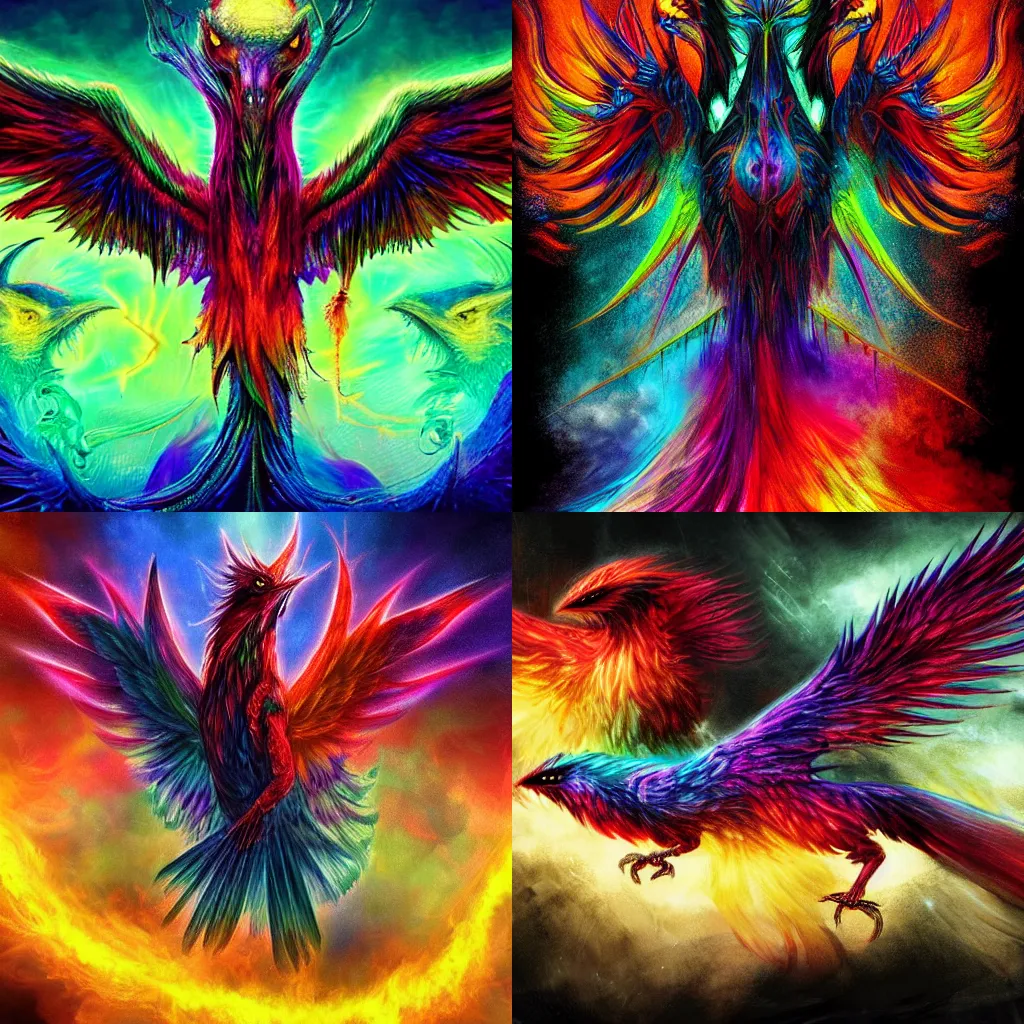 Prompt: three headed multicolor firebird, rainbow chromatic eldritch abomination consisting on different firebirds intertwined, bloodborne, digital art, dark fantasy, concept art