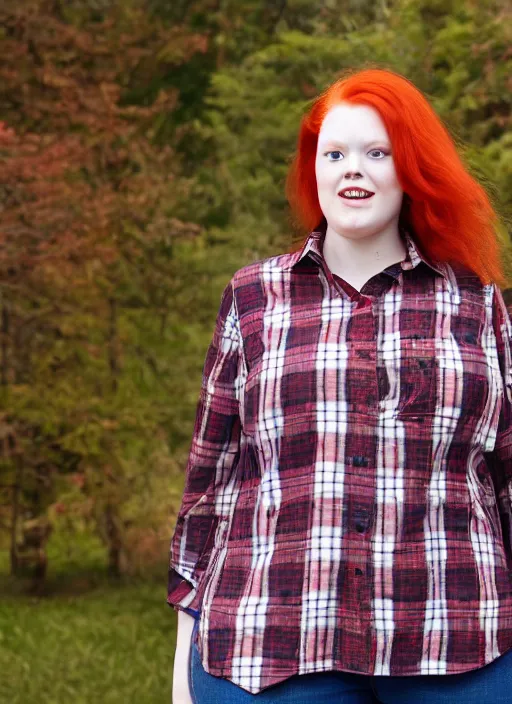 Image similar to photograph of a plus-size redhead woman wearing a red tartan shirt