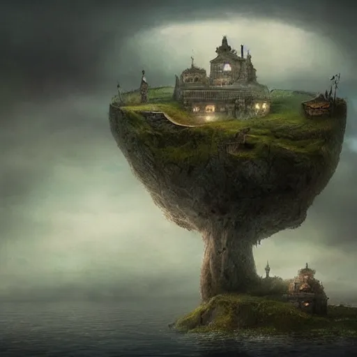 Prompt: a floating island in the middle of a cloudy sky, a matte painting by alexander jansson, trending on cgsociety, fantasy art, matte painting, apocalypse landscape, mystical