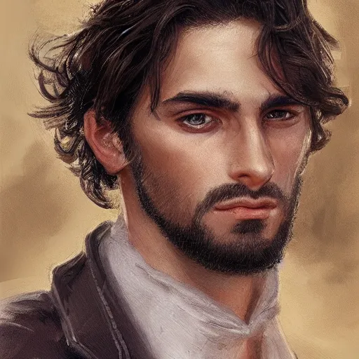 Image similar to portrait of a young italian male, very curly dark shoulder length hair, round nose, angular eyebrows, short patchy beard, closeup portrait, elegant, highly detailed, oil painting, artstation, concept art, matte, sharp focus, illustration, hearthstone, art by earl norem