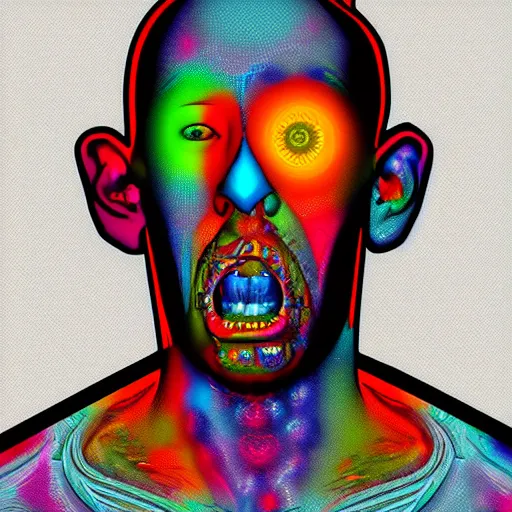 Image similar to man with a tab of acid on his tounge, digital art by mad dog jones