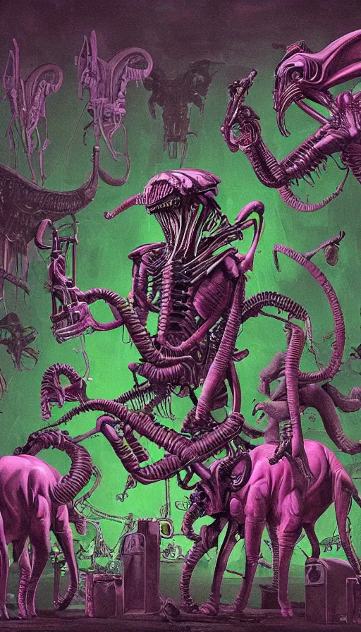 Prompt: a xenomorphic pink and green cyborg elephant playing piano in the middle of a liminal satanic landscape, a crowd of blue necromancers watching the show