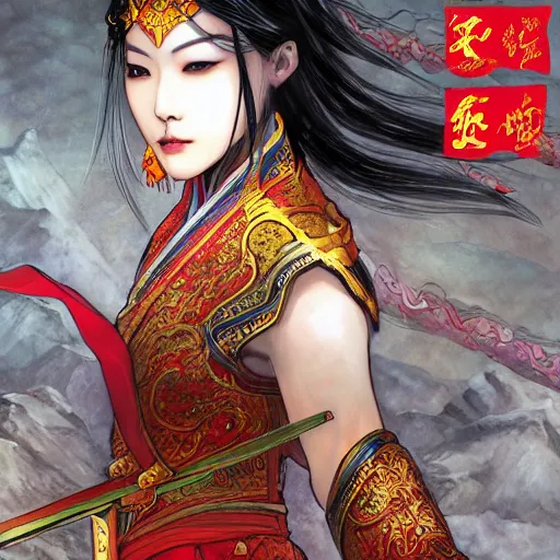 Image similar to An epic fantasy comic book style portrait painting of a gorgeous sword dance Chinese costume woman, long hair, smoke, full body XIANXIA, Chinese temple, depth of field by Yoji Shinkawa 4k