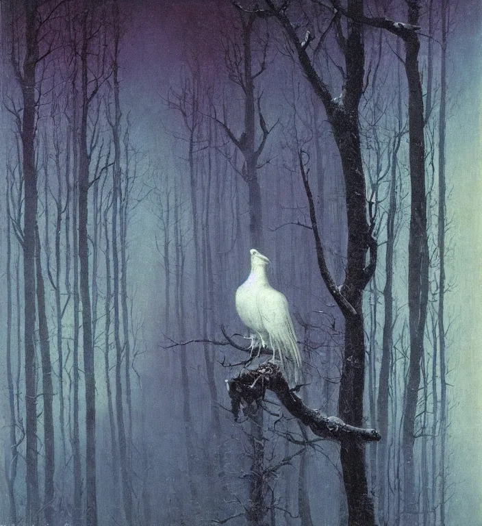 Prompt: portrait of white raven bird in the winter forest red and purple palette, volume light, fog by caspar david friedrich by ( h. r. giger ) and paul lehr