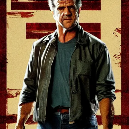 Image similar to [Mel Gibson as the guy from Drive, movie poster]