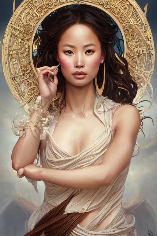 Image similar to ultra realistic illustration, a stunningly beautiful greek goddess of chaos played by jamie chung, intricate, elegant, highly detailed, digital painting, artstation, concept art, smooth, sharp focus, illustration, art by artgerm and greg rutkowski and alphonse mucha