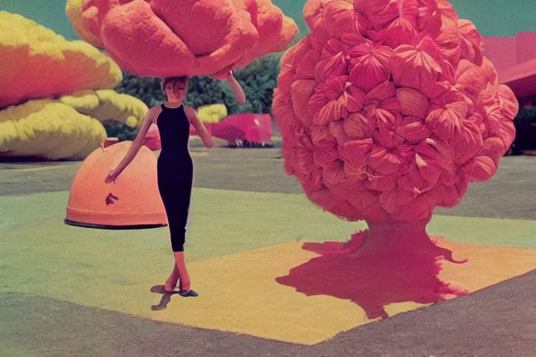 Image similar to giant flower head, girl standing, 1 9 6 0 s, surreal photography, symmetry, mid century, liminal space, bright colours, wes anderson
