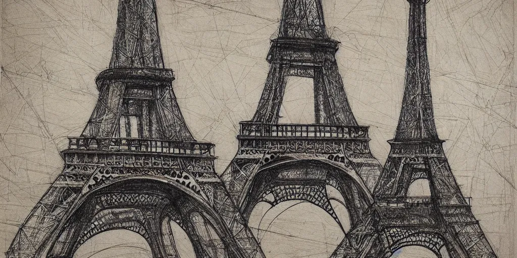 Image similar to architectural design studies of Eiffel Tower, different closeup view, drawn by Leonardo da vinci, ink draw, artistic, intricated