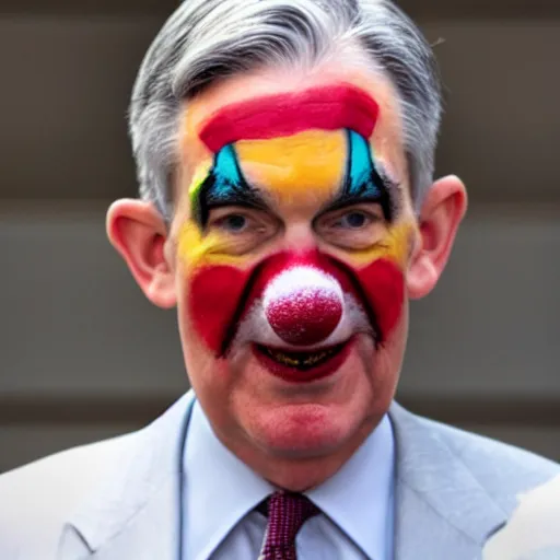 Image similar to Jerome Powell with colorful clown makeup all over his face whiteface, derp eyes