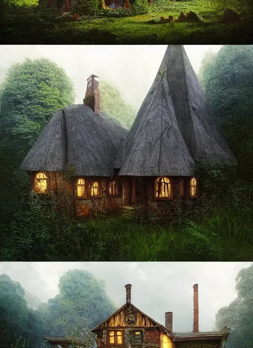 Image similar to hyper realistic homely ornate modern witch cottage far away in the woods gorgeous lighting, blue sky, highly detailed, lush forest by zdzisław beksinski and norman rockwell and greg rutkowskiweta studio, and lucasfilm