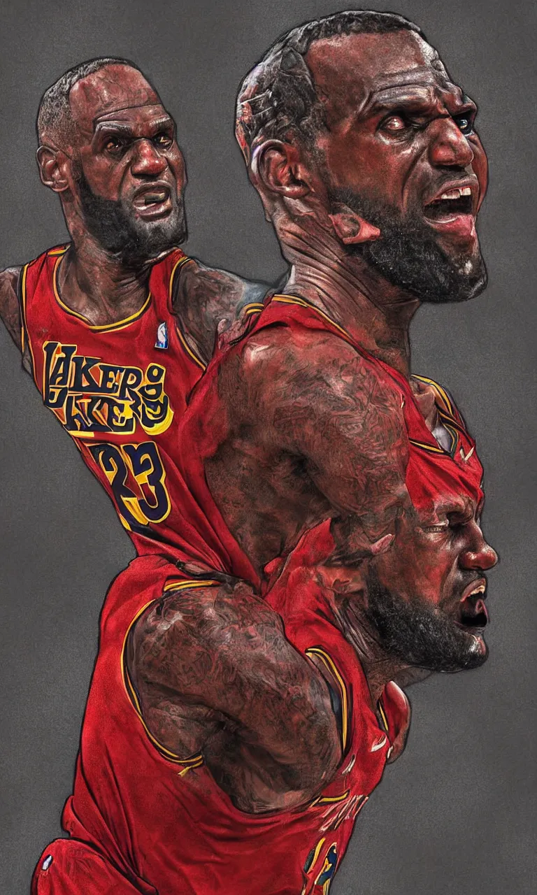 Prompt: a detailed digital art portait of angry undead lebron james, art by norman rockwell, pixar style