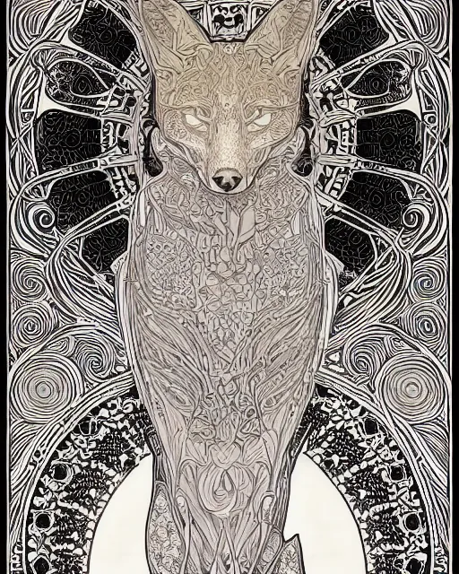 Image similar to fox carving art, cell shading, voronoi,fibonacci sequence, sacred geometry by Alphonse Mucha, Moebius, hiroshi yoshida, Art Nouveau, colorful, ultradetailed, black and white, 3d