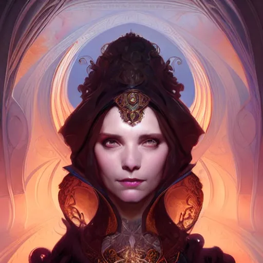 Image similar to Portrait of female sorcerer, dark fantasy, medium shot, intricate, ornate, elegant, highly detailed, digital painting, volumetric light,, artstation, concept art, smooth, sharp focus, illustration, art by artgerm and brom and greg rutkowski and alphonse mucha