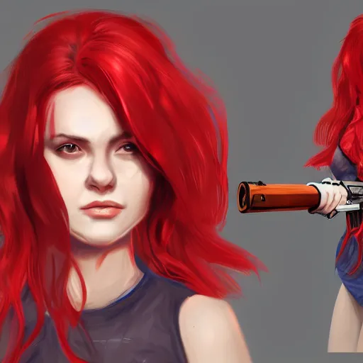 Prompt: a concept art of a girl with red hair holding a gun, highly detailed, digital painting, artstation, concept art, smooth, sharp focus, illustration