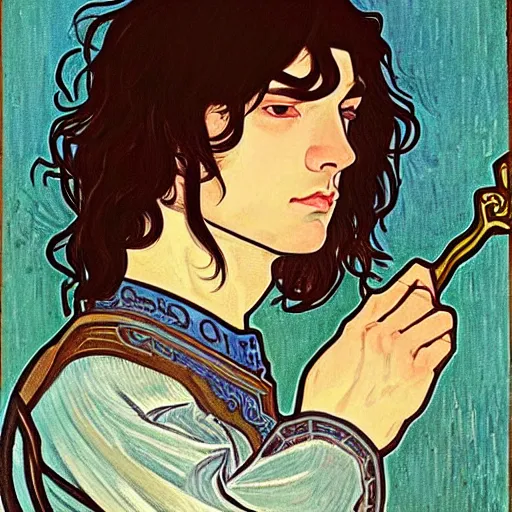 Image similar to painting of young handsome beautiful paladin elf!! man with long! wavy dark hair in his 2 0 s named shadow taehyung minjun at the blueberry party, wearing armor!, elegant, clear, painting, stylized, delicate, soft facial features, art, art by alphonse mucha, vincent van gogh, egon schiele,