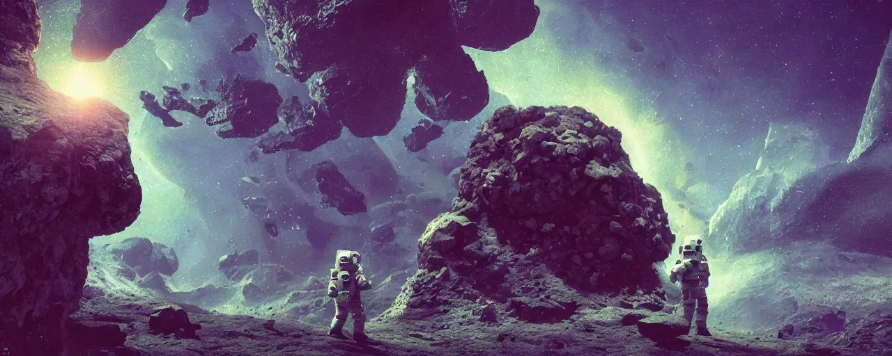 Prompt: ” asteroid with a giant roughly chiseled stone statue of an astronaut, [ by paul lehr, cinematic, detailed, epic, widescreen, opening, establishing, mattepainting, photorealistic, realistic textures, octane render ] ”