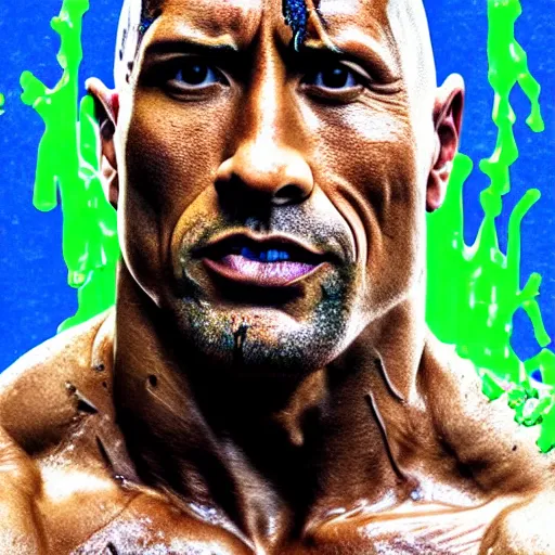 Image similar to a portrait dwayne johnson covered in slime as he waked up in the morning, digital photography, highly detailed