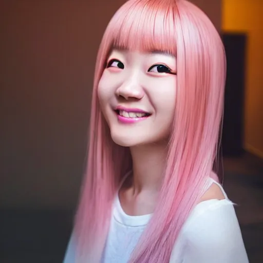 Image similar to beautiful hyperrealism selfie of nikki 苏 暖 暖 from shining nikki, a cute 3 d young woman smiling sofly, long light pink hair and full bangs, flushed face, small heart - shaped face, amber eyes, chinese heritage, golden hour, 8 k, sharp focus, instagram
