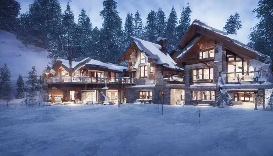 Image similar to Modern chalet built in the snowy mountains with white neons at night, hyperdetailed, artstation, cgsociety, 8k