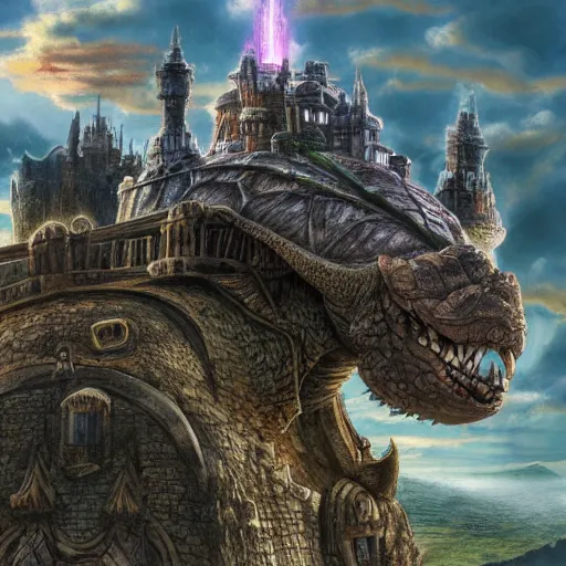 Image similar to large fantasy castle rising from the top of a giant tortoise, towering over a harsh wasteland with sharp rays of sunlight, howls moving castle, mortal engines, kaiju, distant - mid - shot, fantasy, hyper detailed, 4 k