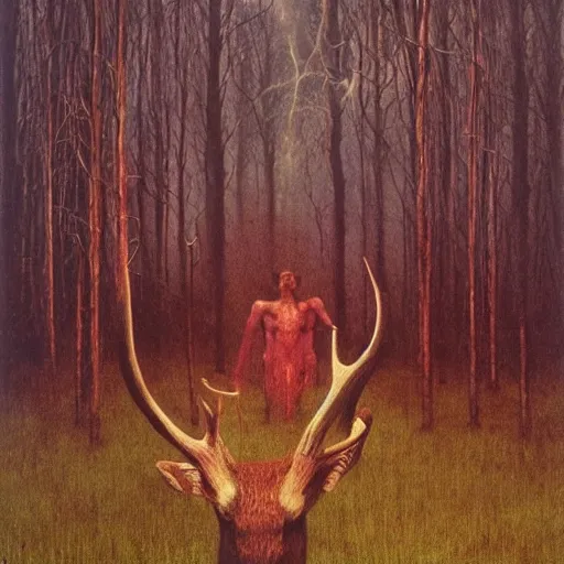 Prompt: forest god walking in the swamp, antlers and flesh exposed, giant horns, resembling deer, highly detailed beksinski art