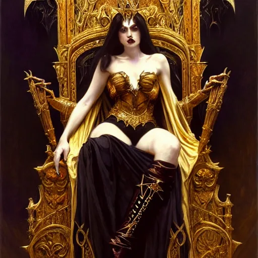 Image similar to full body portrait of beautiful vampire queen in gold gothic robes sitting on a throne of bones, elegant, highly detailed painting by gaston bussiere, craig mullins, j. c. leyendecker, 8 k, mid shot