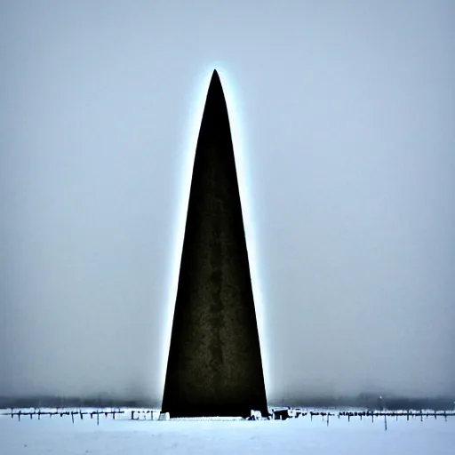 Prompt: a large obelisk on a flat plain of ice. grainy, overcast sky, snowing.