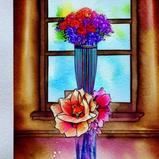 Image similar to a fancy vase with a colorful and beautiful flower arrangement by the fancy window. very stylize and delicate watercolor and pencil drawing. 3 d. beautiful lighting, 4 k post - processing, trending in art station, cg society, view from far. 5 k extremely detailed