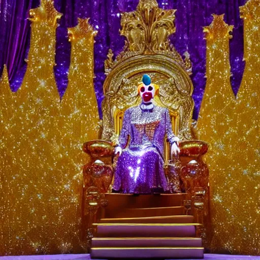 Image similar to shining majestic throne made of millions of diamonds, gold and zaphires with thousands of light reflections, and a clown is sitting on the throne