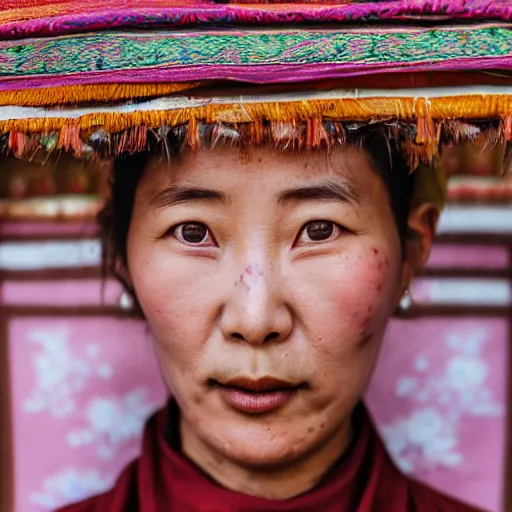 Image similar to Portrait of a seemly prettyish atypical woman in a chocolate-box Tibetan architecture by Erik Jones, trending on Unsplash