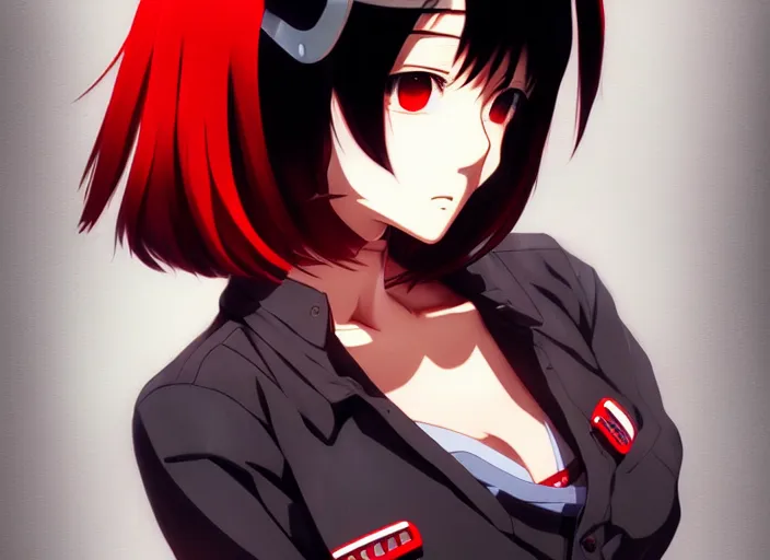 Prompt: anime girl with red - black hair in the soviet pioneer form, manga, katsura masakazu, intricate, detailed, studio lighting, ilya kuvshinov, anatomically correct, concept art, digital