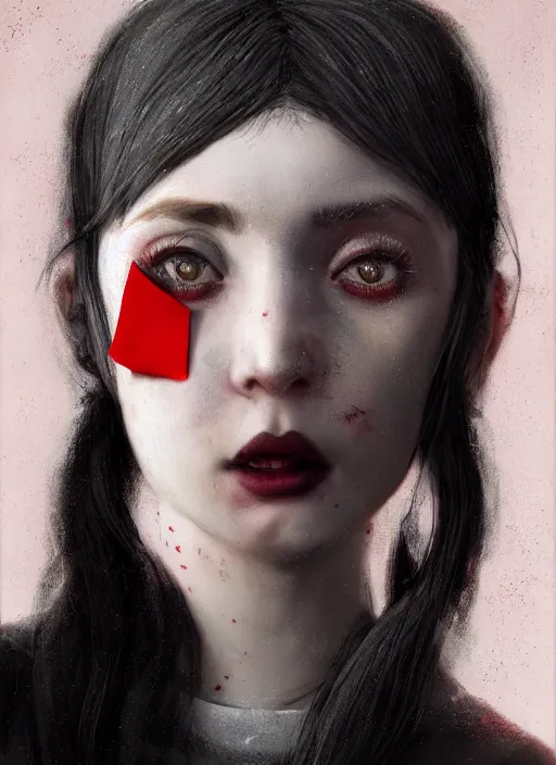 Image similar to portrait of sinister girl with pouty aerochrome lips, langolier, unforgivable, cute bandaid on nose!!, expressive eyes, full body, deathly skin, greg rutkowski, charlie bowater, yuumei, stephen gammell, unreal 5, daz, hyperrealistic, octane render, rpg portrait, dynamic lighting, fantasy art, beautiful face