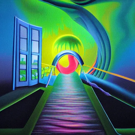 Prompt: surreal painting of a dimensional gateway leading into a vibrant 3d surreal environment by ferjo