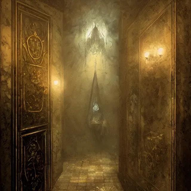 Prompt: ultra - realistic painting gothic 1 9 2 0 s hotel elevator opening up to cosmic horror, atmospheric lighting, brooding, foreboding, by carl spitzweg, ismail inceoglu, vdragan bibin, hans thoma, greg rutkowski, alexandros pyromallis, fine details, realistic shading