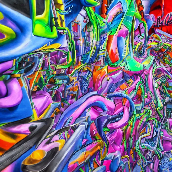 Image similar to graffiti twisted forms, inside the colorful 3 d graffiti realm, high definition image, extremely detailed and intricate