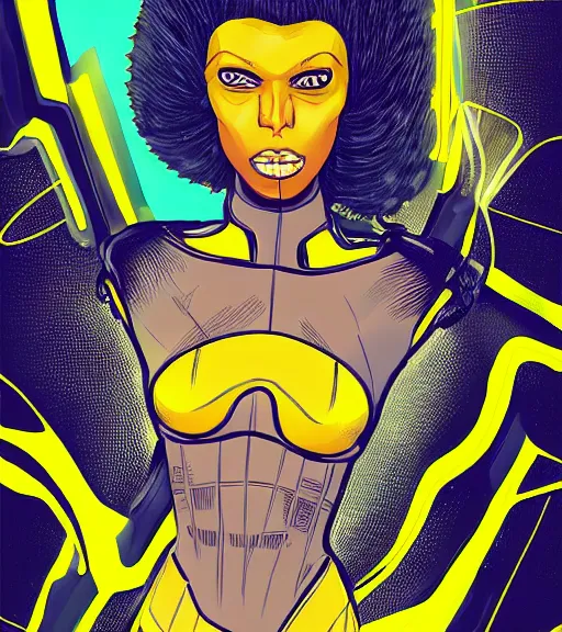 Image similar to a digital painting of a black female android with futuristic hair and yellow make-up, a comic book panel by Craig Thompson, behance contest winner, afrofuturism, marvel comics, official art, artstation hq