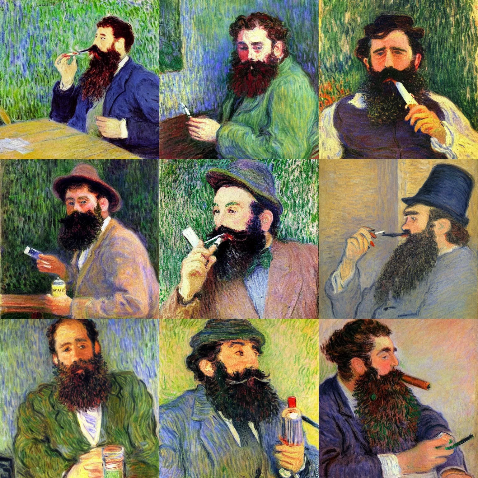 Prompt: monet painting of a writer with a beard sitting, he is smoking a cigarette, he is holding a bottle in his other hand, highly detailed, realistic