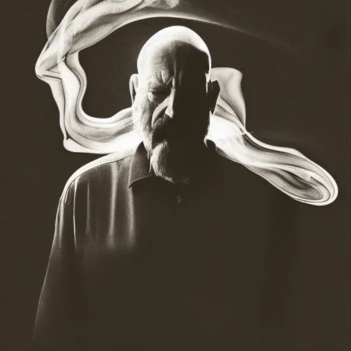 Prompt: photographic portrait of wrinkly sad the dude from the big lebowski, halo behind his head, by max ernst, melting floral fungus with spiraling cigarette smoke, in fog