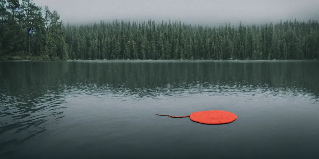 Image similar to centered photograph of a rope floating on the surface of the water, dark lake on a cloudy day, color film, trees in the background, hyper detailed photo, anamorphic lens