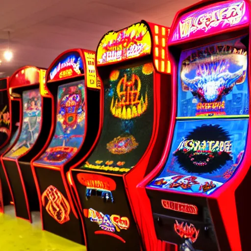 Image similar to retro arcade filled with satanic arcade cabinets, Canon eos, 8k hd resolution