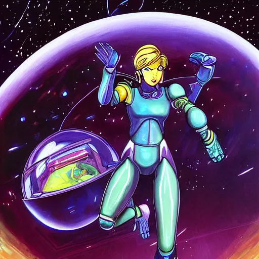 Prompt: a beautiful painting of samus from metroid charging her energy cannon arm inside a hyper advanced space habitat by moebius