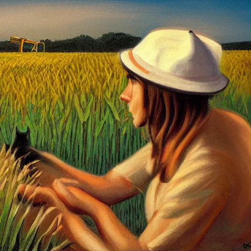 Image similar to a cat with painter hat painting in the fields, overlooking a wheat field