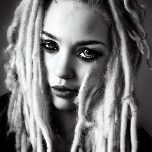 Image similar to instagram modeling headshot photography flawless young beautiful female with blonde and red dreadlocks in a black ballgown, dark, piercing clear eyes, symmetrical golden ration exotic stoic expression, photorealistic, highly detailed, mysterious lighting, smooth, sharp focus, 8 0 mm camera