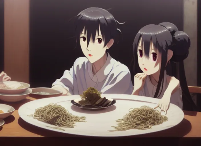 Image similar to a film still portrait of a plate with soba and udan, finely detailed features, closeup at the food, perfect art, at a dinner table, gapmoe yandere grimdark, trending on pixiv fanbox, painted by greg rutkowski makoto shinkai takashi takeuchi studio ghibli, akihiko yoshida